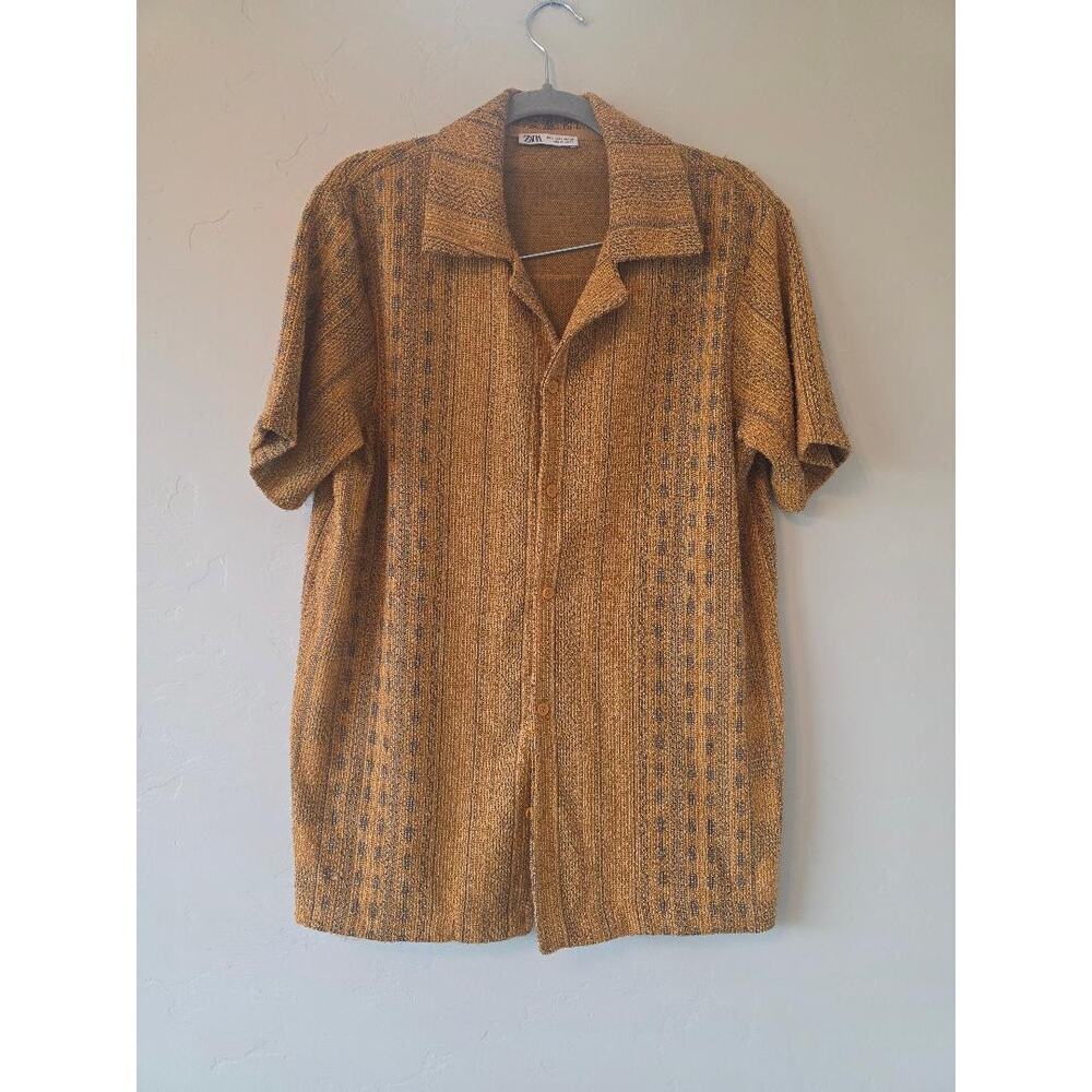 Zara Textured Knit Camp Collar Button Shirt Size M